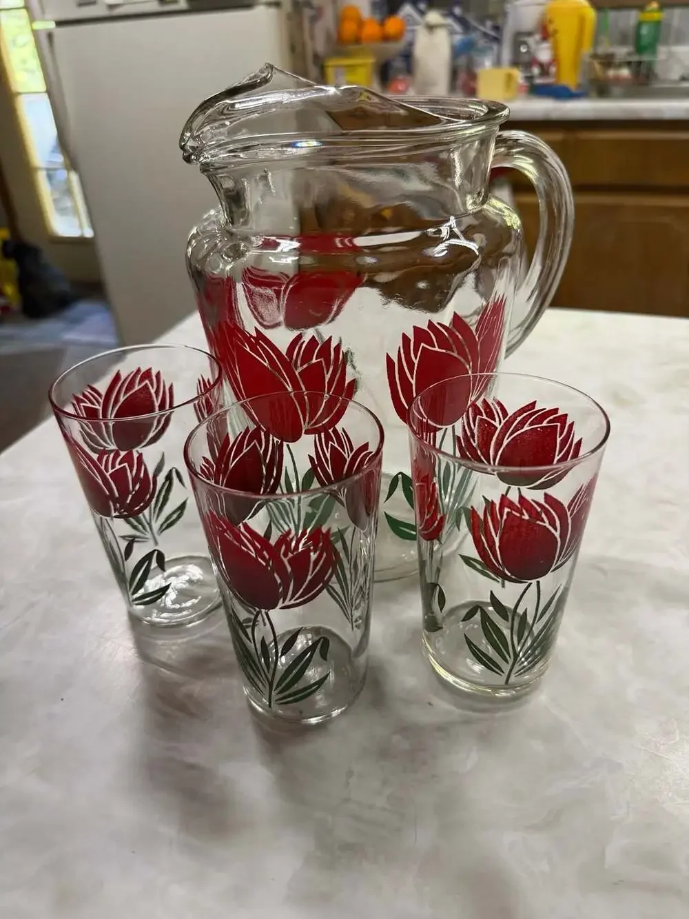 Vintage Anchor Hocking Tulip No. 3 Red Glass Pitcher and 3 Tumblers Set Mid-Cent